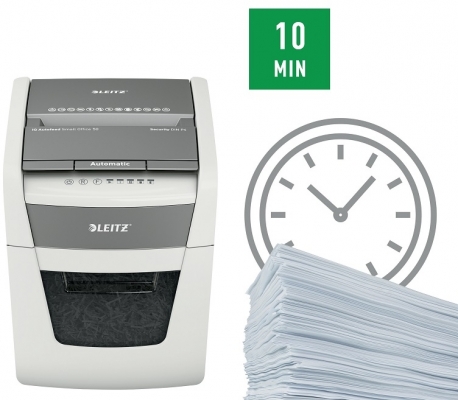 Distrugator documente automat Leitz IQ Small Office, P4, cross-cut (confeti), 50 coli, cos 20l, alb-gri